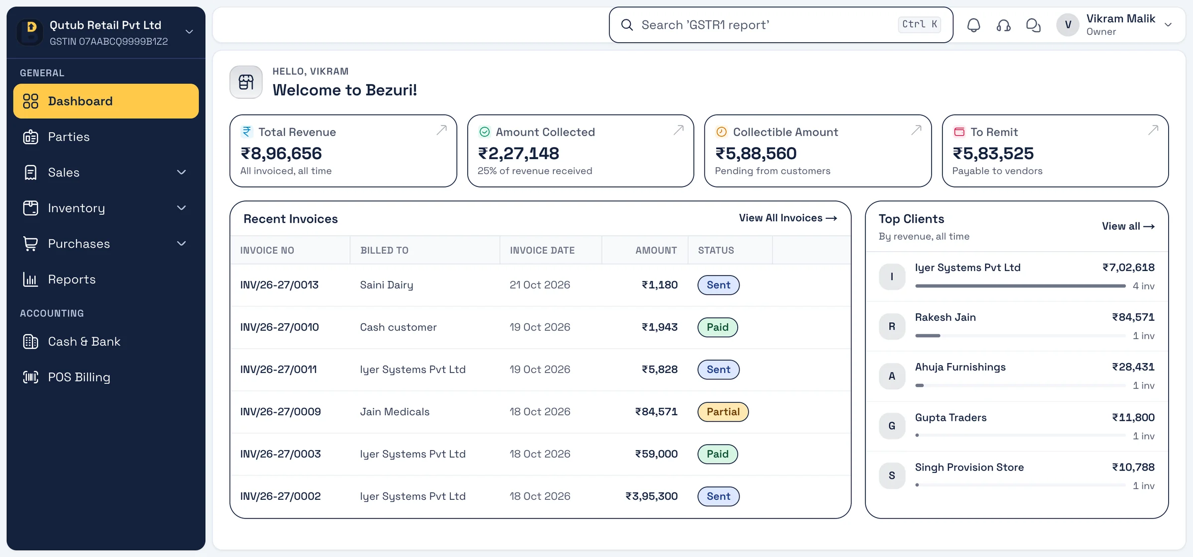 The Bezuri web dashboard: sidebar, revenue, collected, pending and payable totals, recent invoices with their status, and top clients by revenue (sample business).