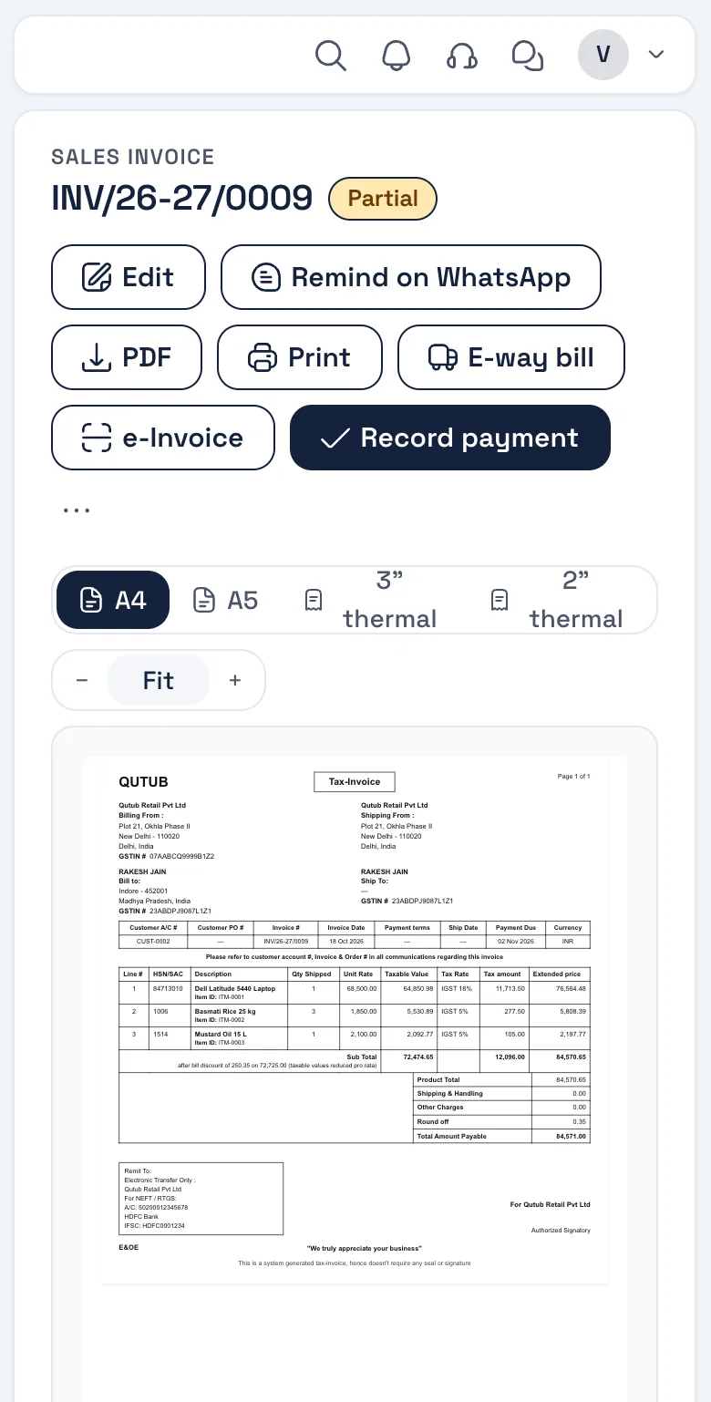 Bezuri sales invoice INV/26-27/0009, marked Partial, with buttons to edit, share on WhatsApp, download PDF, print, e-way bill and record payment above a preview of the printed invoice