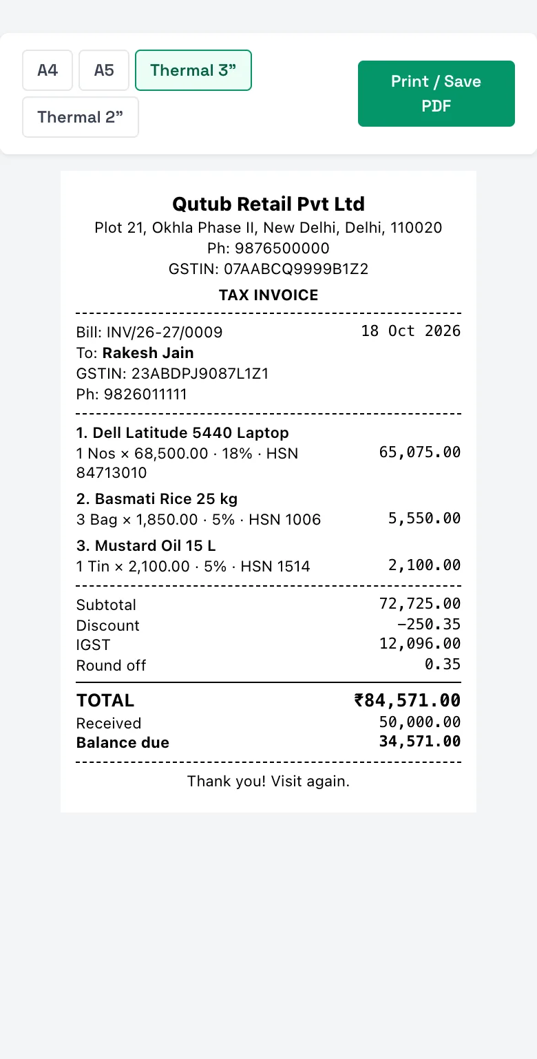 A Bezuri tax invoice printed on a 3-inch thermal roll with HSN, GST rates, total, received and balance due.