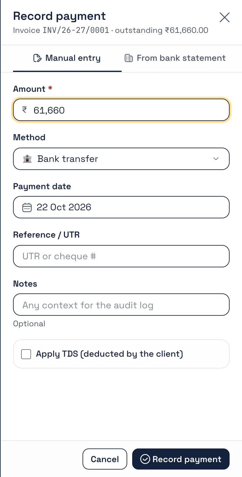 Bezuri Record payment form: amount, bank transfer, date, UTR reference and an Apply TDS option.