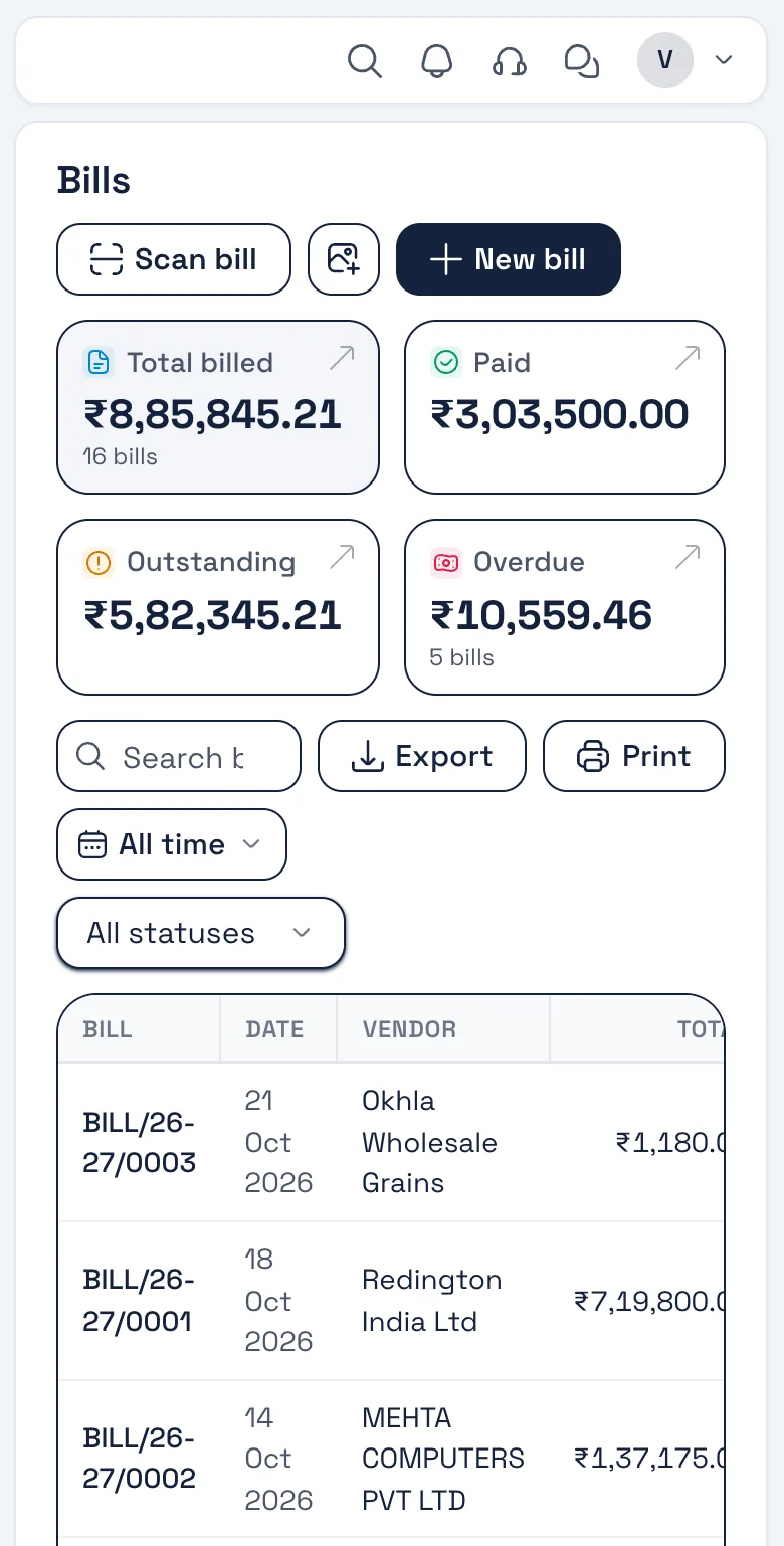 Bezuri Bills list: billed, paid, outstanding and overdue totals with recent vendor bills.