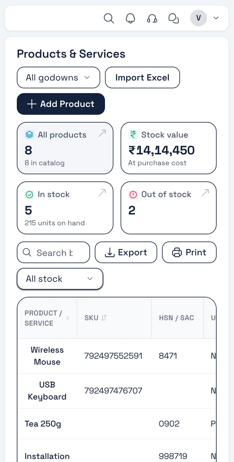 Bezuri Products & Services list: stock value at purchase cost, units on hand and items out of stock.
