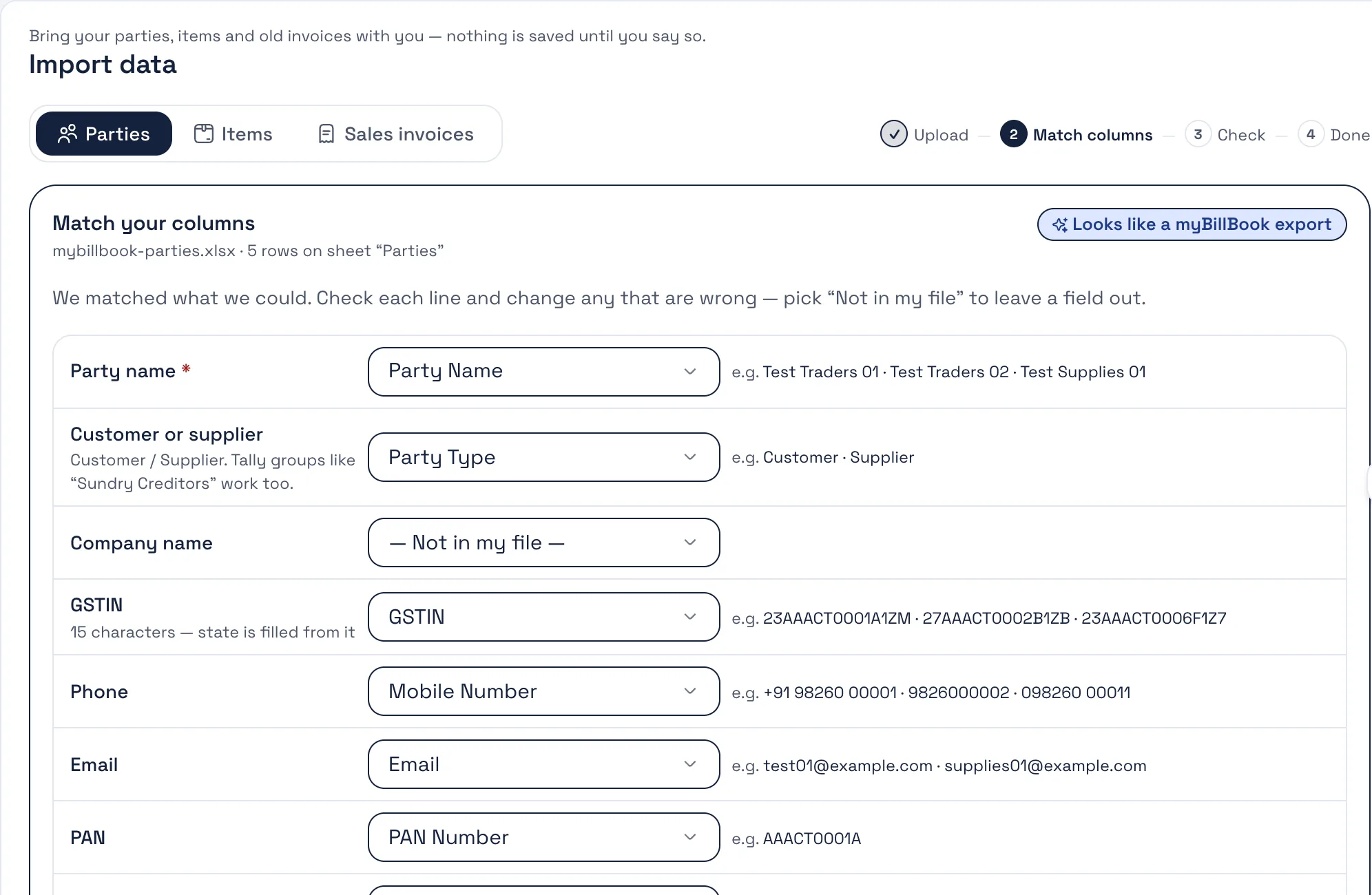 Match your columns: Bezuri recognised a myBillBook export and paired each field — party name, GSTIN, phone, address — with the column in the file.