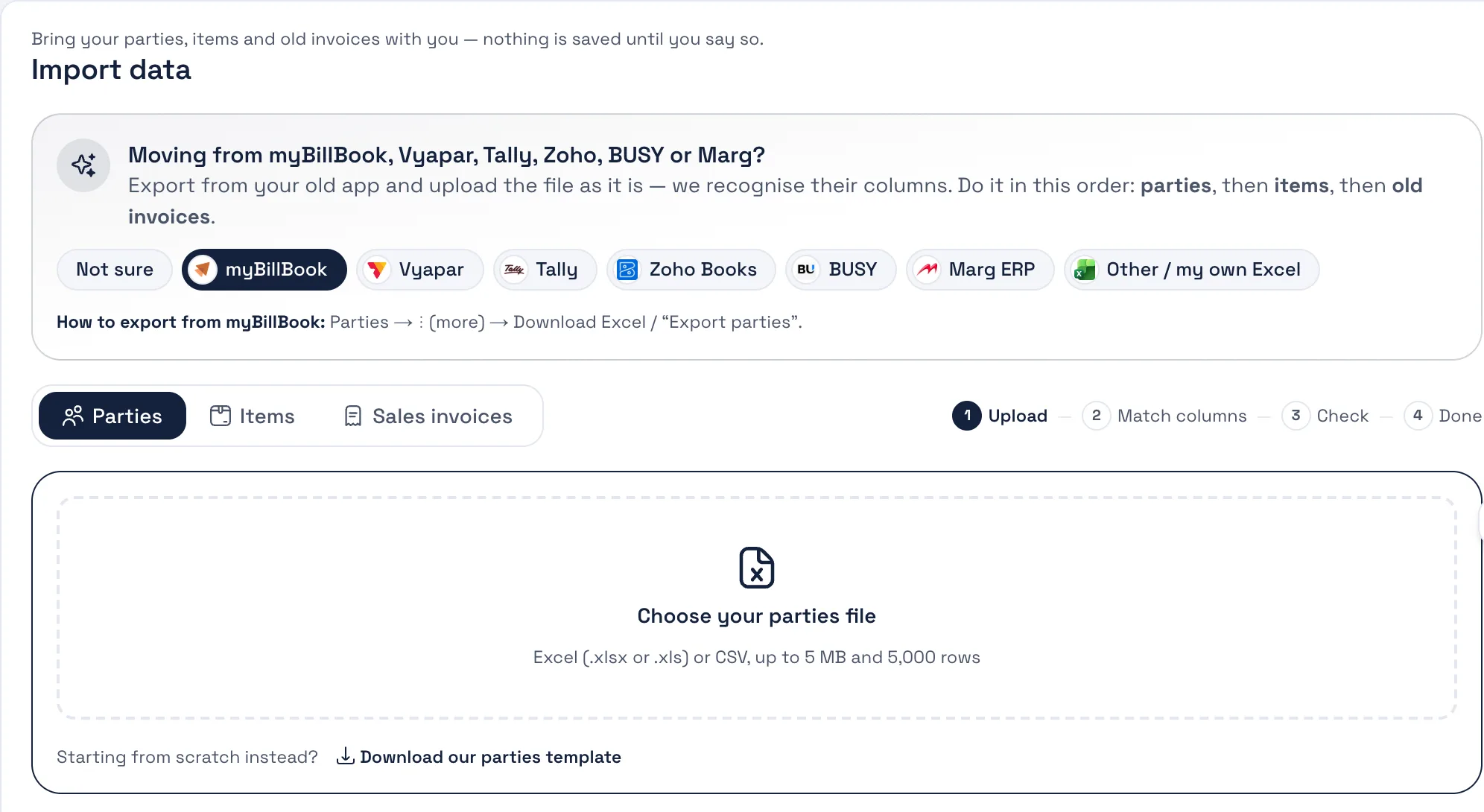 The Bezuri Import data screen: pick myBillBook, Vyapar, Tally, Zoho Books, BUSY or Marg, see how to export from it, and choose the parties file.