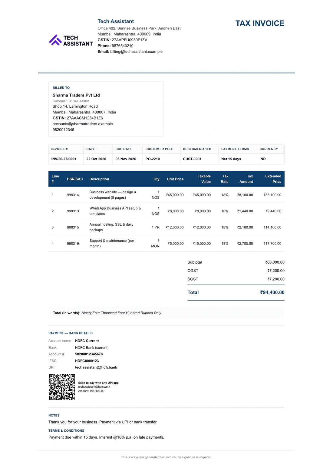 Classic invoice layout — a real sample tax invoice printed from Bezuri
