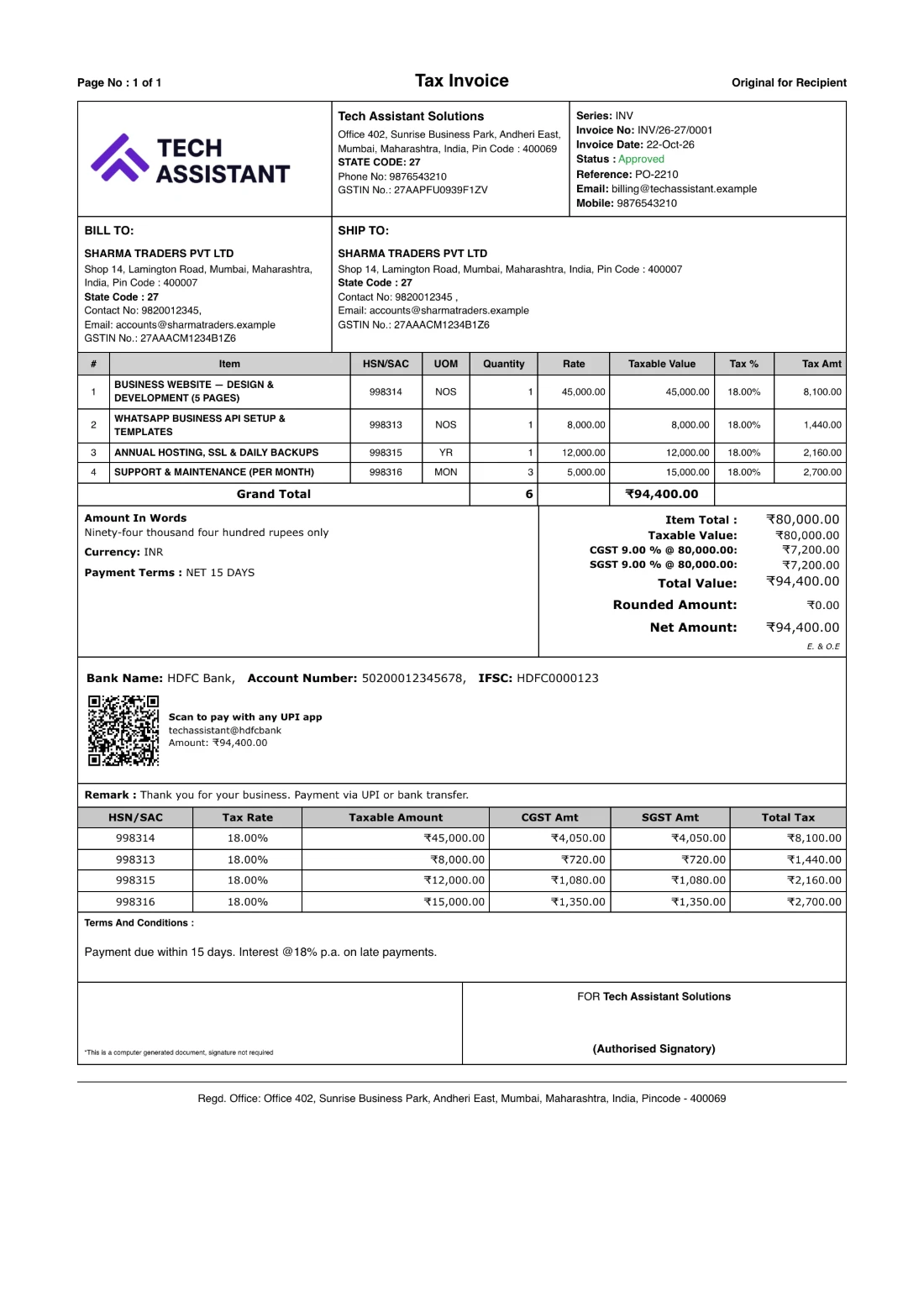 Detailed GST invoice layout — a real sample tax invoice printed from Bezuri