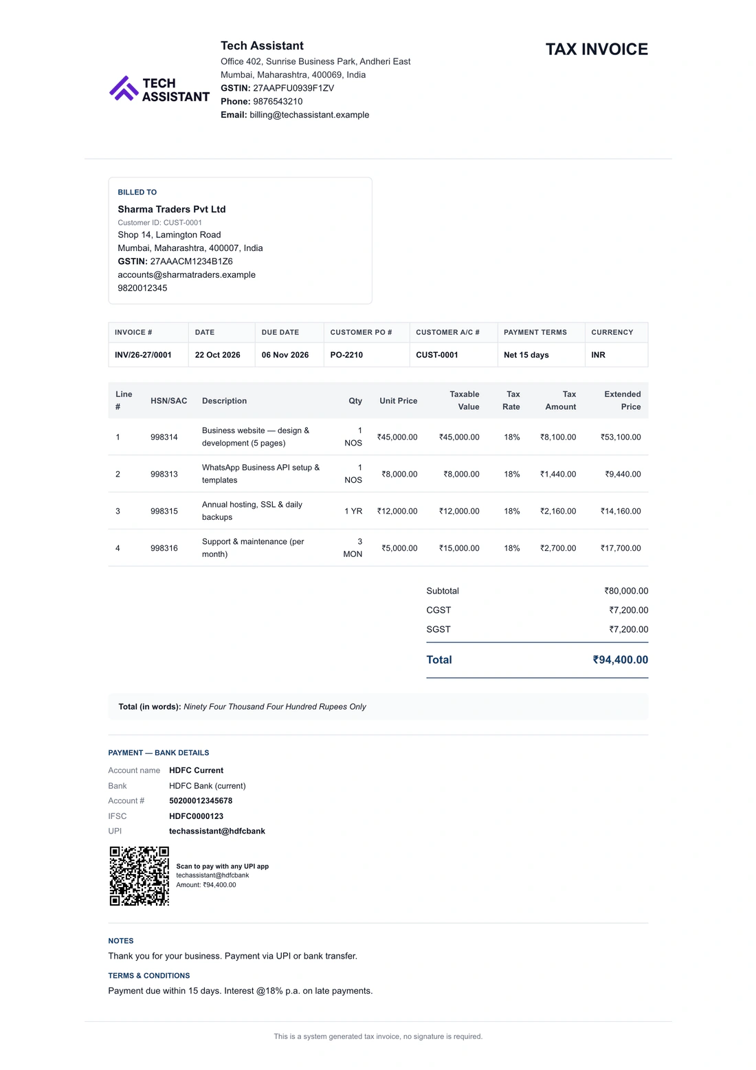 Minimal invoice layout — a real sample tax invoice printed from Bezuri