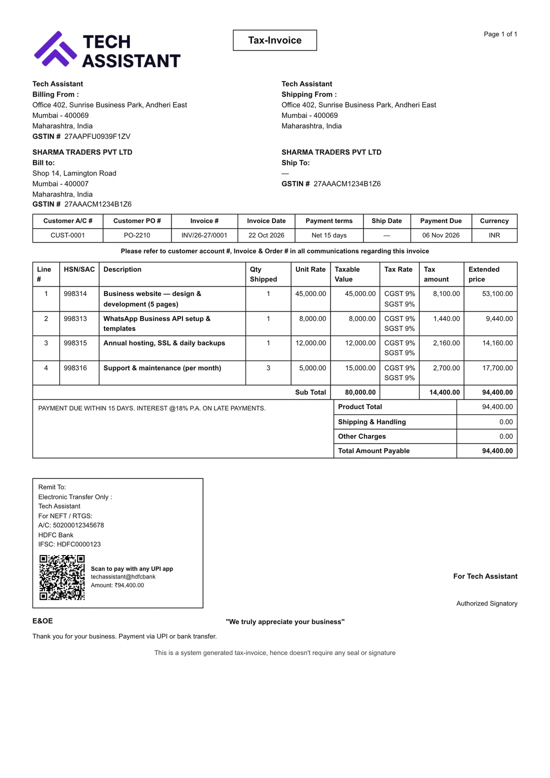 Zones invoice layout — a sample tax invoice from Tech Assistant to Sharma Traders